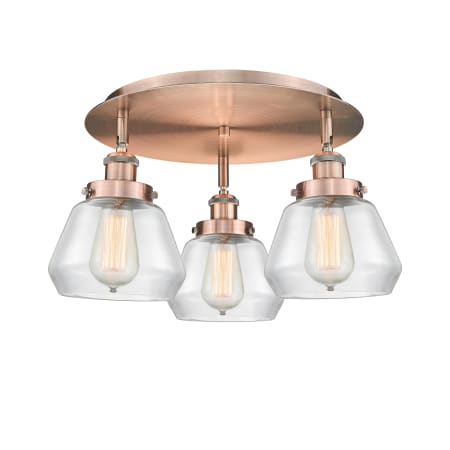 A large image of the Innovations Lighting 916-3C-8-19 Fulton Flush Antique Copper / Clear