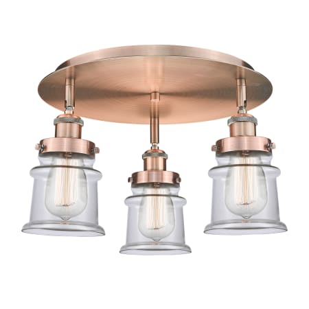 A large image of the Innovations Lighting 916-3C-9-17 Canton Flush Antique Copper / Clear