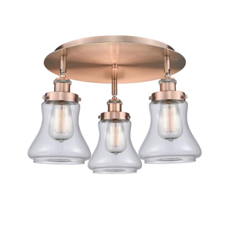 A large image of the Innovations Lighting 916-3C-10-18 Bellmont Flush Antique Copper / Clear