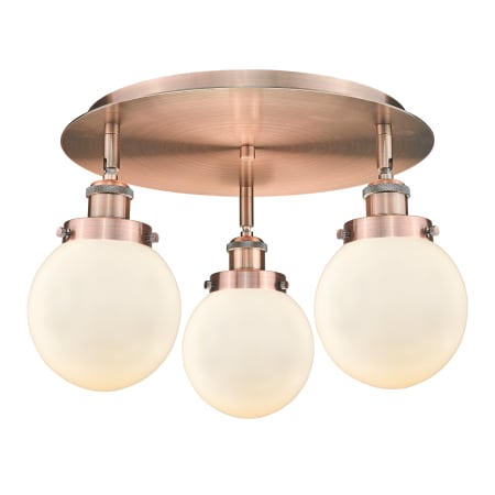A large image of the Innovations Lighting 916-3C-10-18 Beacon Flush Antique Copper / Matte White