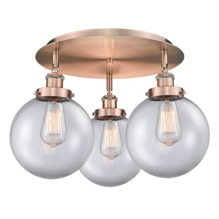 A large image of the Innovations Lighting 916-3C-12-20 Canton Flush Antique Copper / Clear