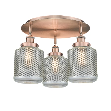 A large image of the Innovations Lighting 916-3C-10-18 Edison Flush Antique Copper / Clear Wire Mesh