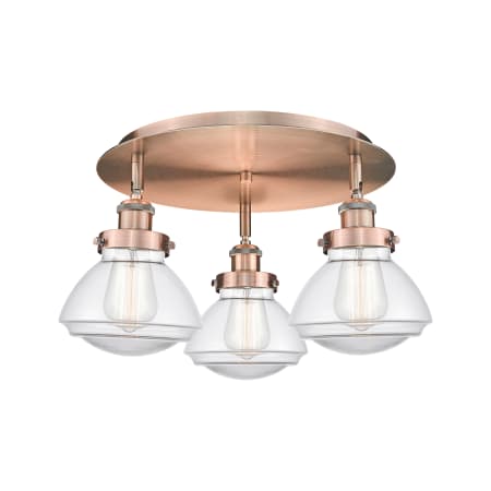 A large image of the Innovations Lighting 916-3C-8-19 Olean Flush Antique Copper / Clear