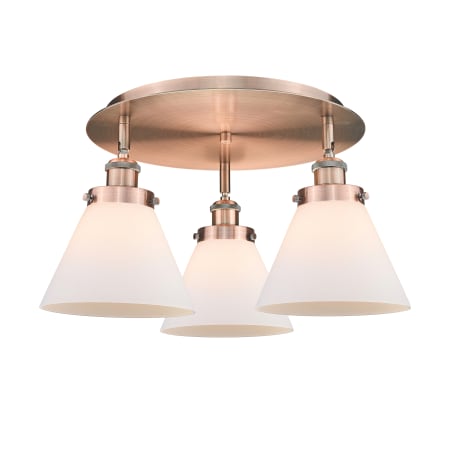 A large image of the Innovations Lighting 916-3C-10-20 Cone Flush Antique Copper / Matte White