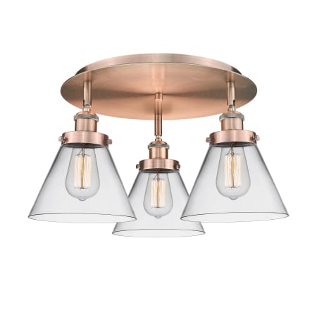 A large image of the Innovations Lighting 916-3C-10-20 Cone Flush Antique Copper / Clear