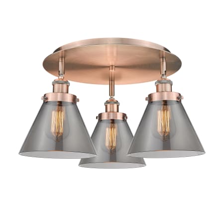 A large image of the Innovations Lighting 916-3C-10-20 Cone Flush Antique Copper / Plated Smoke