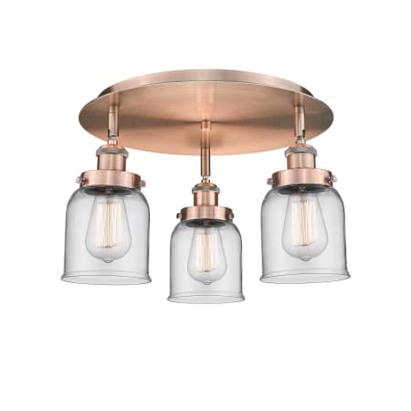 A large image of the Innovations Lighting 916-3C-10-17 Bell Flush Antique Copper / Clear