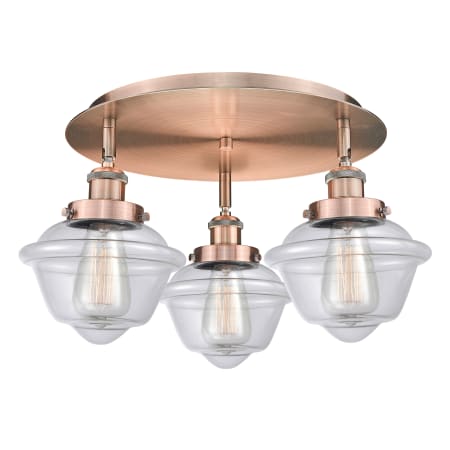 A large image of the Innovations Lighting 916-3C-8-19 Oxford Flush Antique Copper / Clear