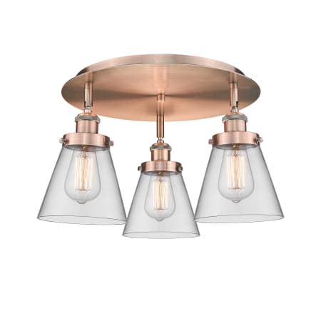 A large image of the Innovations Lighting 916-3C-10-18 Cone Flush Antique Copper / Clear