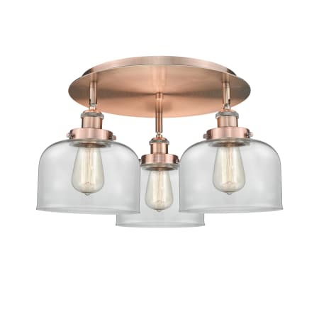 A large image of the Innovations Lighting 916-3C-10-20 Bell Flush Antique Copper / Clear