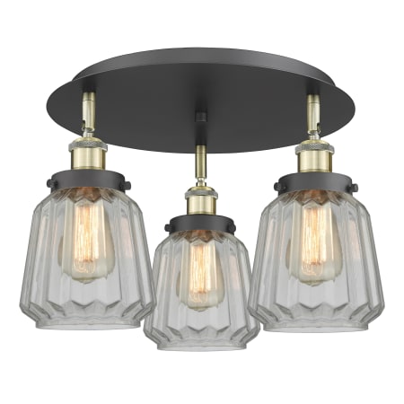 A large image of the Innovations Lighting 916-3C-8-19 Chatham Flush Black Antique Brass / Clear
