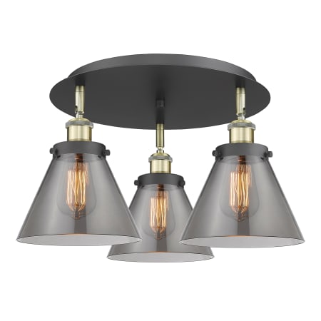 A large image of the Innovations Lighting 916-3C-10-20 Cone Flush Black Antique Brass / Plated Smoke