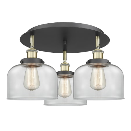 A large image of the Innovations Lighting 916-3C-10-20 Bell Flush Black Antique Brass / Clear