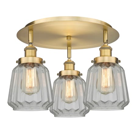 A large image of the Innovations Lighting 916-3C-8-19 Chatham Flush Brushed Brass / Clear