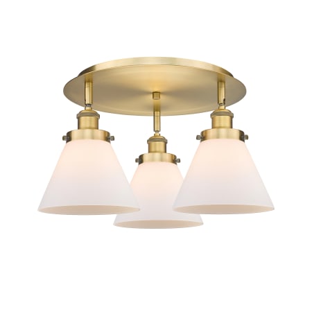 A large image of the Innovations Lighting 916-3C-10-20 Cone Flush Brushed Brass / Matte White