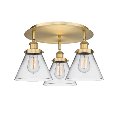 A large image of the Innovations Lighting 916-3C-10-20 Cone Flush Brushed Brass / Clear