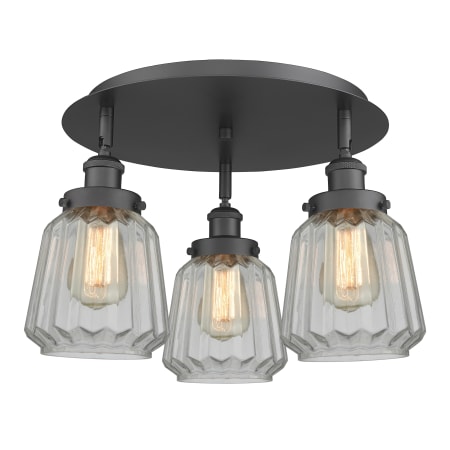 A large image of the Innovations Lighting 916-3C-8-19 Chatham Flush Matte Black / Clear