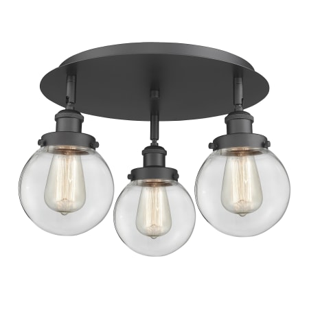 A large image of the Innovations Lighting 916-3C-10-18 Beacon Flush Matte Black / Clear