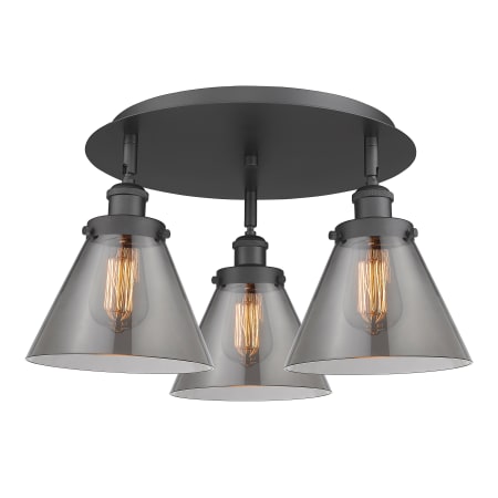 A large image of the Innovations Lighting 916-3C-10-20 Cone Flush Matte Black / Plated Smoke