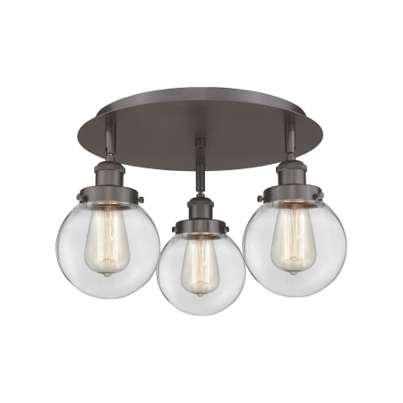 A large image of the Innovations Lighting 916-3C-10-18 Beacon Flush Oil Rubbed Bronze / Clear
