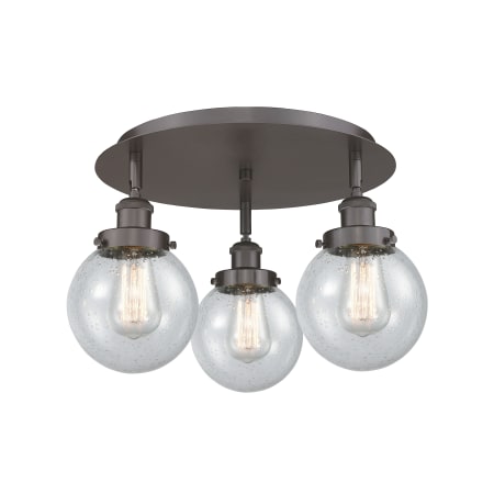 A large image of the Innovations Lighting 916-3C-10-18 Beacon Flush Oil Rubbed Bronze / Seedy
