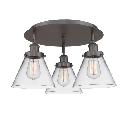 A large image of the Innovations Lighting 916-3C-10-20 Cone Flush Oil Rubbed Bronze / Clear