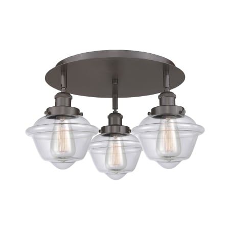 A large image of the Innovations Lighting 916-3C-8-19 Oxford Flush Oil Rubbed Bronze / Clear