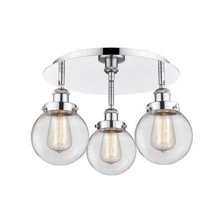 A large image of the Innovations Lighting 916-3C-10-18 Beacon Flush Polished Chrome / Clear