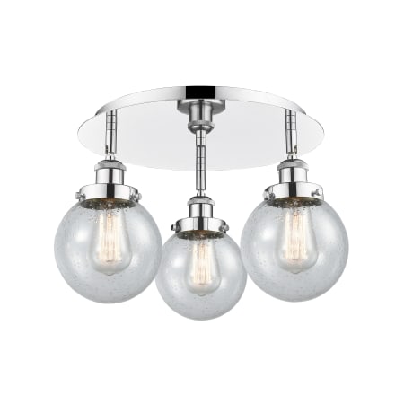 A large image of the Innovations Lighting 916-3C-10-18 Beacon Flush Polished Chrome / Seedy