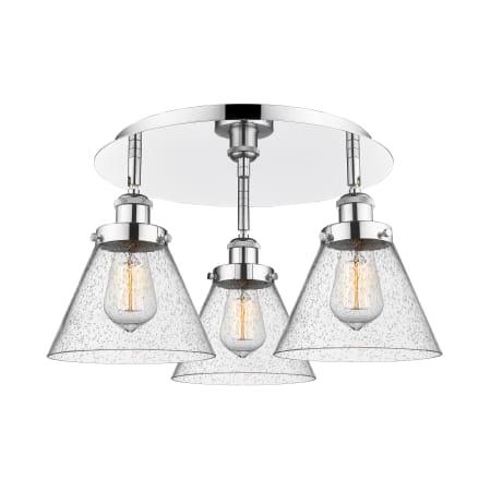 A large image of the Innovations Lighting 916-3C-10-20 Cone Flush Polished Chrome / Seedy