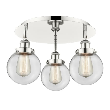 A large image of the Innovations Lighting 916-3C-10-18 Beacon Flush Polished Nickel / Clear