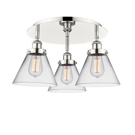 A large image of the Innovations Lighting 916-3C-10-20 Cone Flush Polished Nickel / Clear