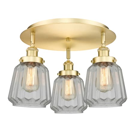 A large image of the Innovations Lighting 916-3C-8-19 Chatham Flush Satin Gold / Clear