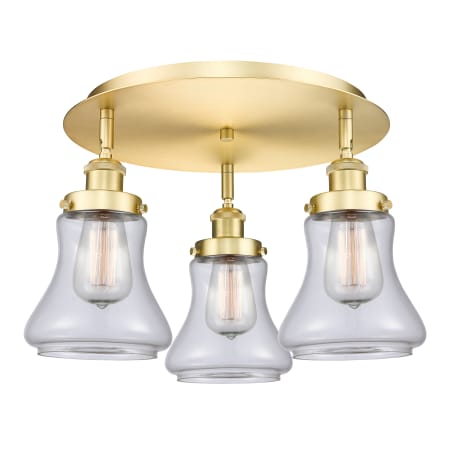 A large image of the Innovations Lighting 916-3C-10-18 Bellmont Flush Satin Gold / Clear