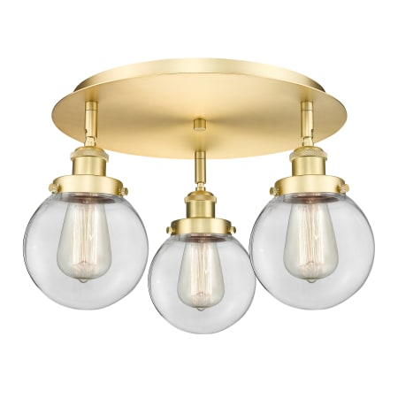 A large image of the Innovations Lighting 916-3C-10-18 Beacon Flush Satin Gold / Clear