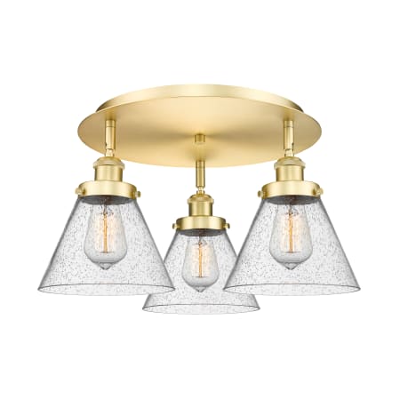 A large image of the Innovations Lighting 916-3C-10-20 Cone Flush Satin Gold / Seedy