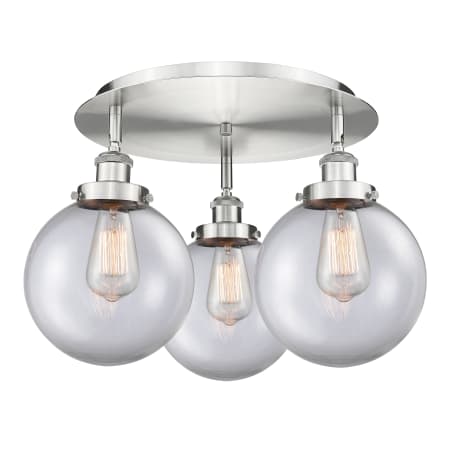 A large image of the Innovations Lighting 916-3C-12-20 Canton Flush Satin Nickel / Clear