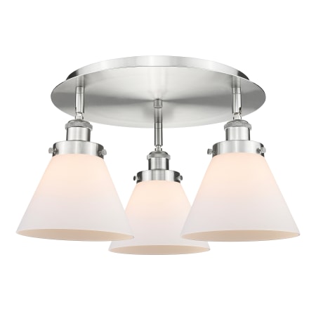 A large image of the Innovations Lighting 916-3C-10-20 Cone Flush Satin Nickel / Matte White