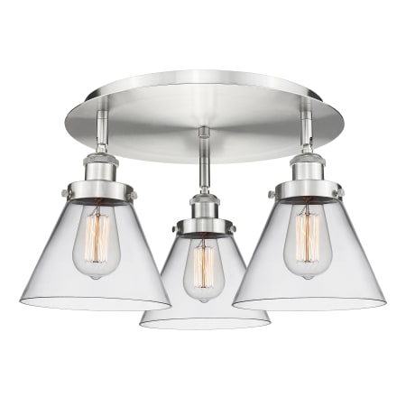 A large image of the Innovations Lighting 916-3C-10-20 Cone Flush Satin Nickel / Clear