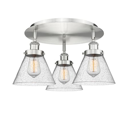 A large image of the Innovations Lighting 916-3C-10-20 Cone Flush Satin Nickel / Seedy