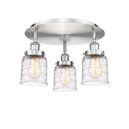 A large image of the Innovations Lighting 916-3C-10-17 Bell Flush Satin Nickel / Clear Deco Swirl