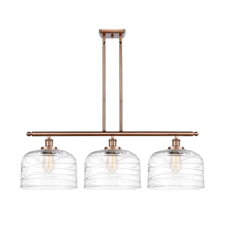 A large image of the Innovations Lighting 916-3I-11-36-L Bell Linear Antique Copper / Clear Deco Swirl