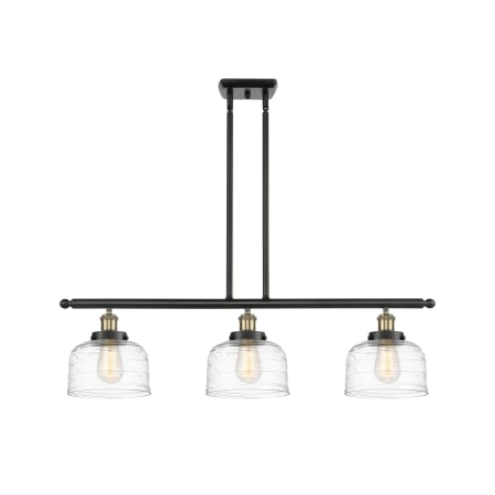 A large image of the Innovations Lighting 916-3I-11-36 Bell Linear Black Antique Brass / Clear Deco Swirl