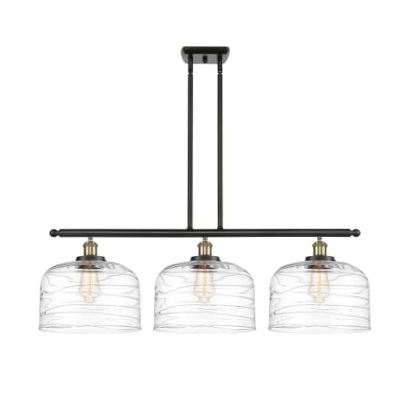 A large image of the Innovations Lighting 916-3I-11-36-L Bell Linear Black Antique Brass / Clear Deco Swirl