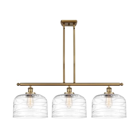 A large image of the Innovations Lighting 916-3I-11-36-L Bell Linear Brushed Brass / Clear Deco Swirl