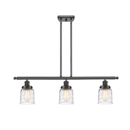 A large image of the Innovations Lighting 916-3I-10-36 Bell Linear Oil Rubbed Bronze / Deco Swirl