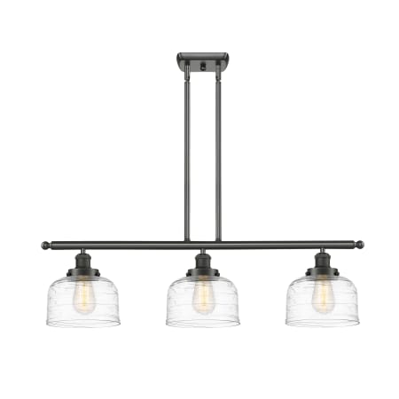 A large image of the Innovations Lighting 916-3I-11-36 Bell Linear Oil Rubbed Bronze / Clear Deco Swirl
