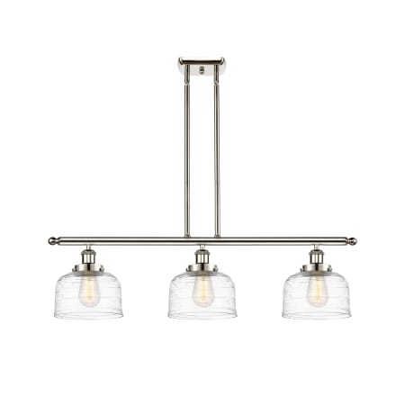 A large image of the Innovations Lighting 916-3I-11-36 Bell Linear Polished Nickel / Clear Deco Swirl