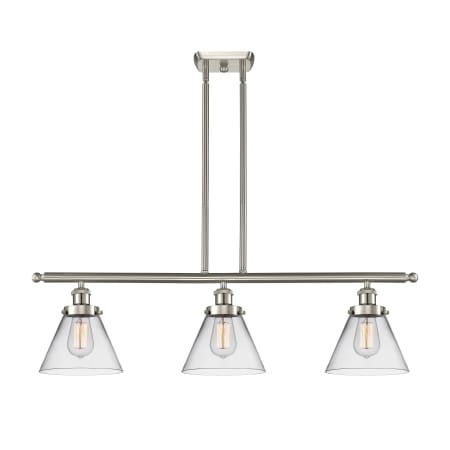 A large image of the Innovations Lighting 916-3I Large Cone Brushed Satin Nickel / Clear