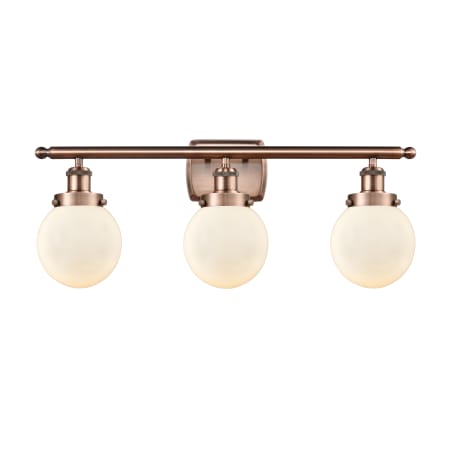 A large image of the Innovations Lighting 916-3W-11-26 Beacon Vanity Antique Copper / Matte White